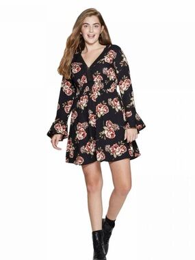 Xhilaration Black Floral V-Neck Mini Dress